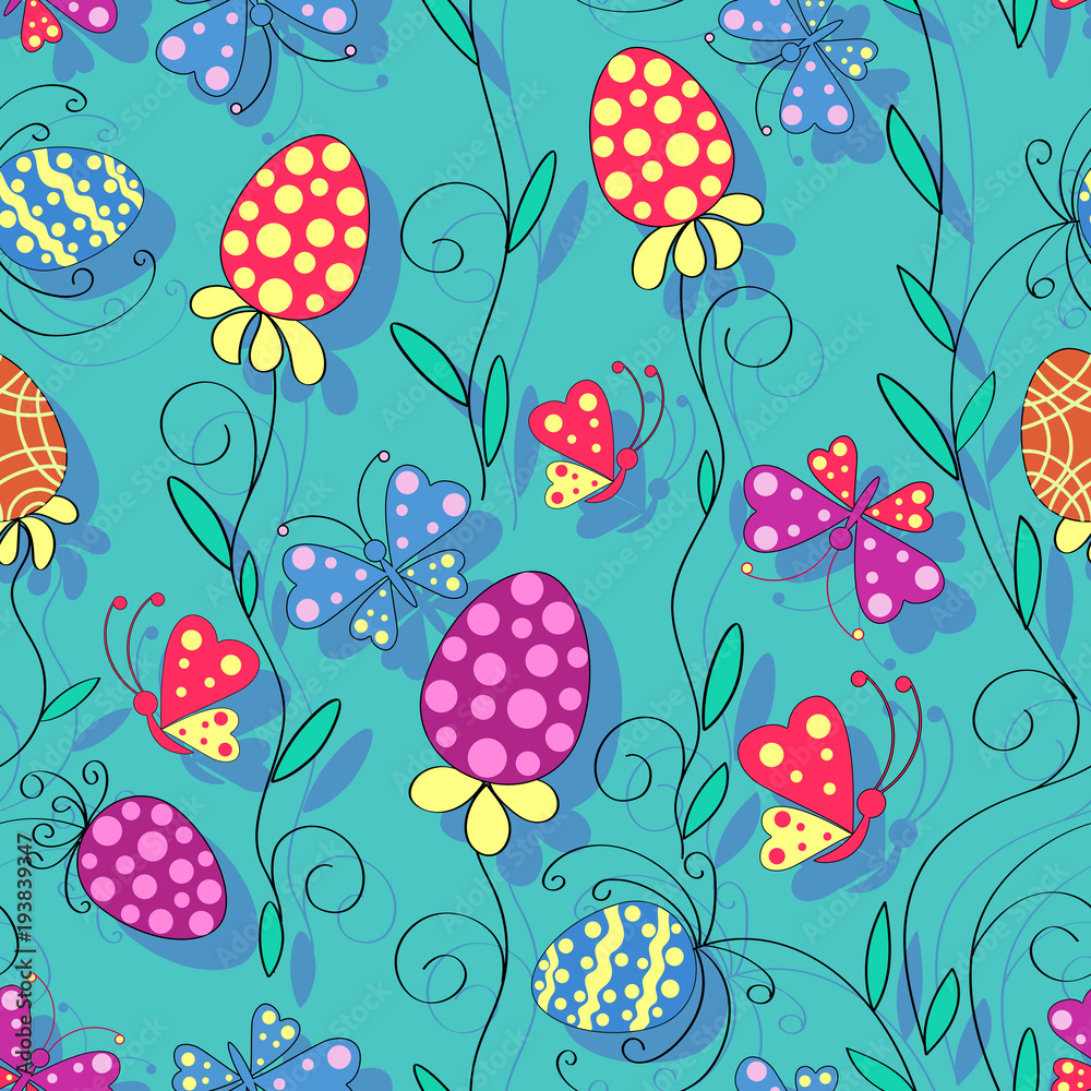 Floral spring template with painted eggs and butterflies. Seamless pattern. Design for textile packaging materials, background image for ads, greeting cards, posters, advertisements. Floral spring template with painted eggs and butterflies. Seamless pattern. Design for textile packaging materials, background image for ads, greeting cards, posters, advertisements.