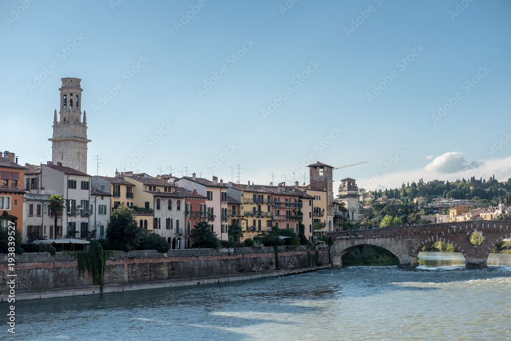 View of Verona. Ponte Pietra, once known as the Pons Marmoreus. It is the Roman arch bridge crossing Adige River