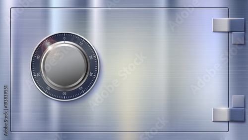 Safety Deposit box for storing money. Safe lock on metal surface with texture. Realistic metallic combination lock, front view. Concept security of money, 3D illustration.