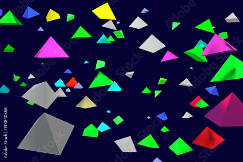 3d-Illustration von bunten, schwebenden Pyramiden mit quadratischer Grundfläche mit dunkelblauem Hintergrund