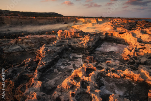 Antient stone fundfact rocky coast coastline Northern Cyprus sunrise