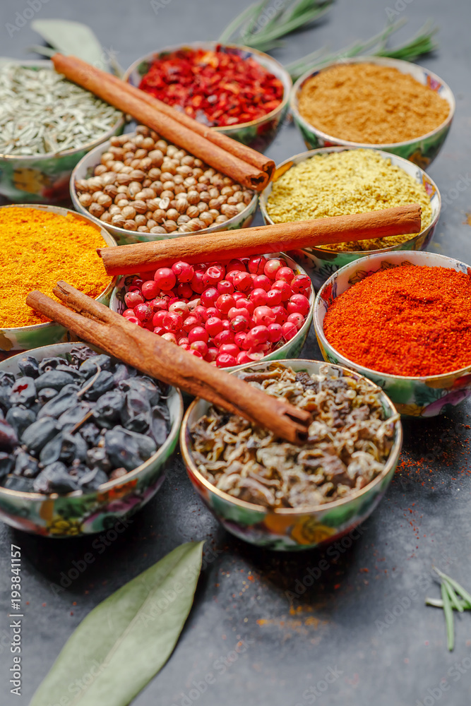 Closeup of asian spice powders cooking ingredients