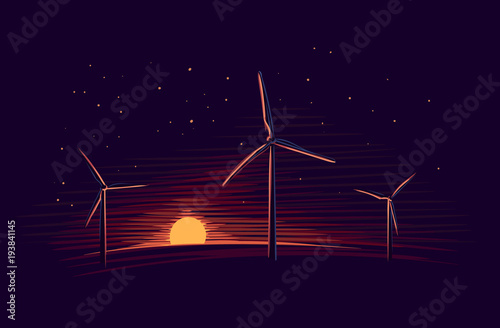 Colorful sketch of wind turbines at sunset. Vector. 