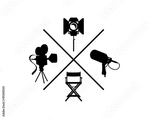 Model Classic Movie Film Camera and the Director's Chair with Loudspeaker or Mic Shooting Lamp for Making Film Symbol Icon Logo Vector