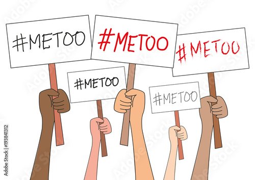 Women hands holding sign boards with #Meetoo hashtag word, isolated on white. Me too movement. Anti sexism protest against inappropriate behavior towards women. Background.