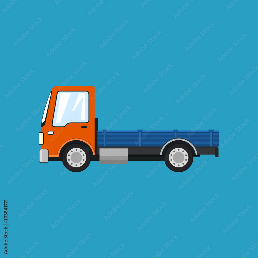 Orange Mini Lorry without Load Isolated on a Blue Background, Delivery Services, Logistics, Shipping and Freight of Goods, Vector Illustration