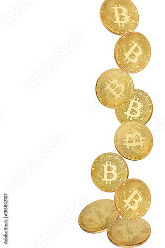 Gold coin of bitcoin in levitation on white background