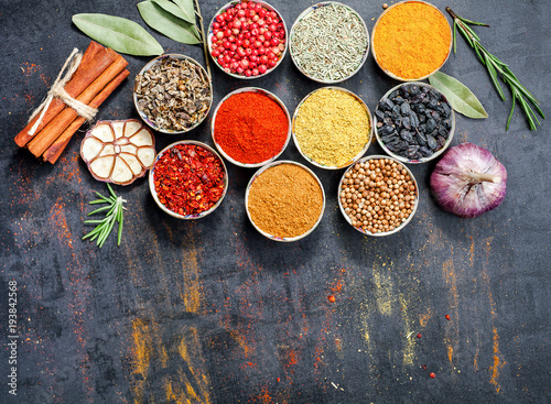 Group of indian spices with top view and copy space for design foods, vegetable, spices, herbs or other your content