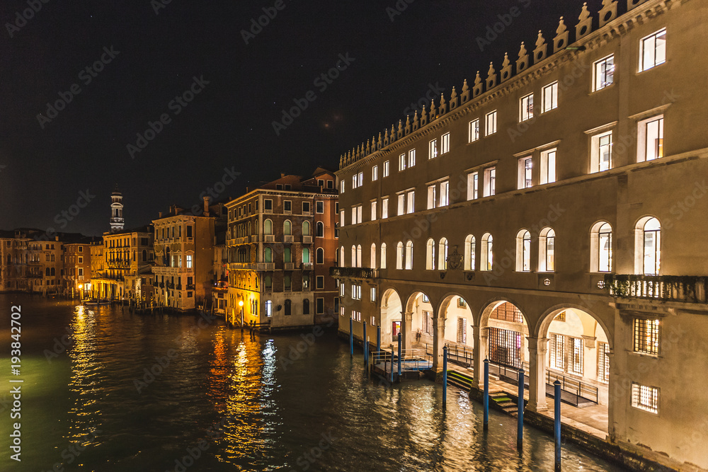 Night view of the Canal Grande with illuminated houses, Venice, Italy