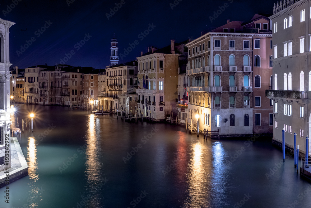 Night view of the Canal Grande with illuminated houses, Venice, Italy