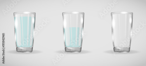 Realistic glass beaker. Set of three glasses. Glass with water. Glassware with drinks. Drinking glass isolated vector illustration. Full and empty glass. Glassware with shadows and highlights AI10
