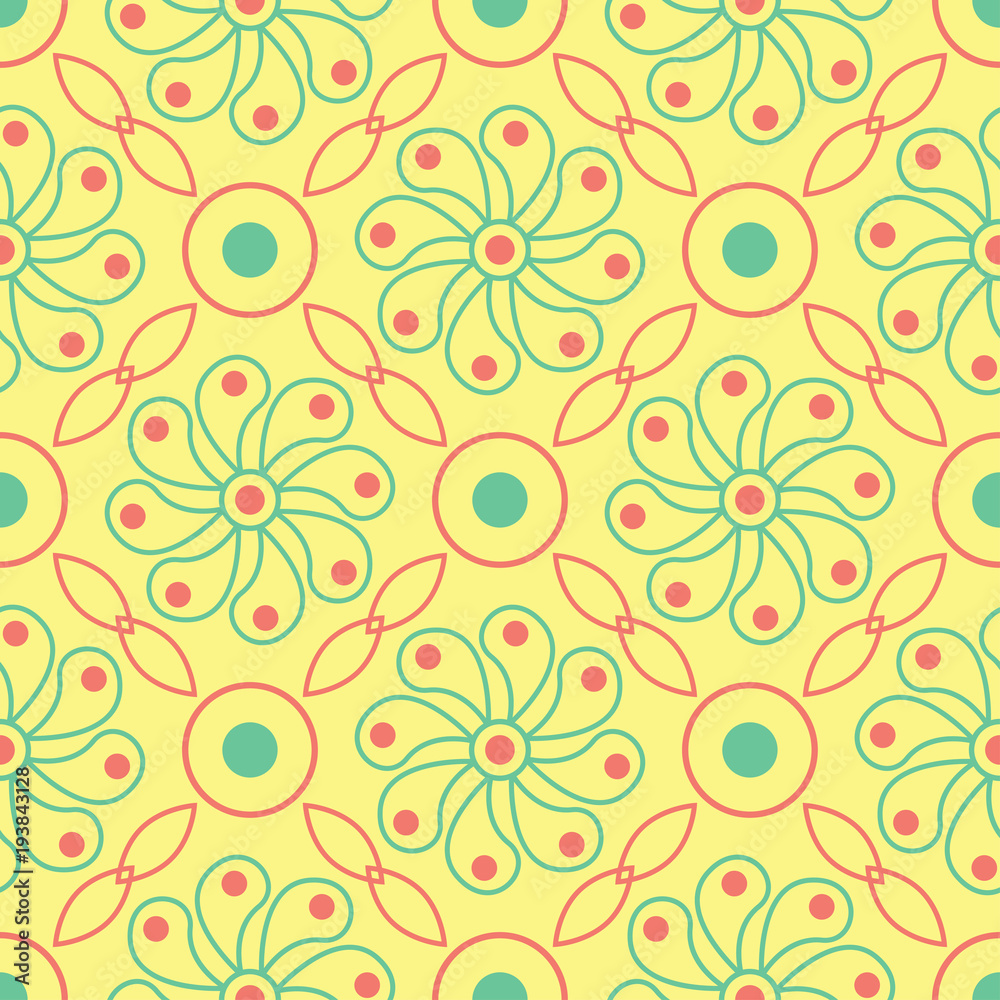 Yellow floral seamless pattern. Colored background with pink and green flower design