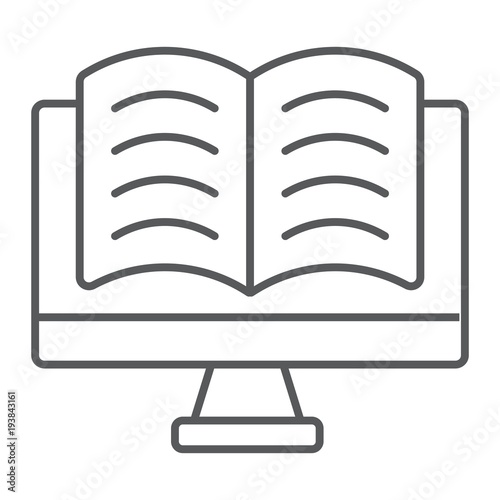 Online reading thin line icon, e learning and education, book in monitor sign vector graphics, a linear pattern on a white background, eps 10.