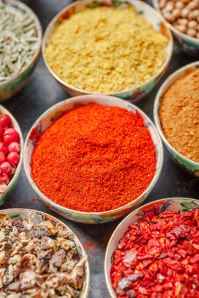 Closeup of asian spice powders cooking ingredients Closeup of asian spice powders cooking ingredients