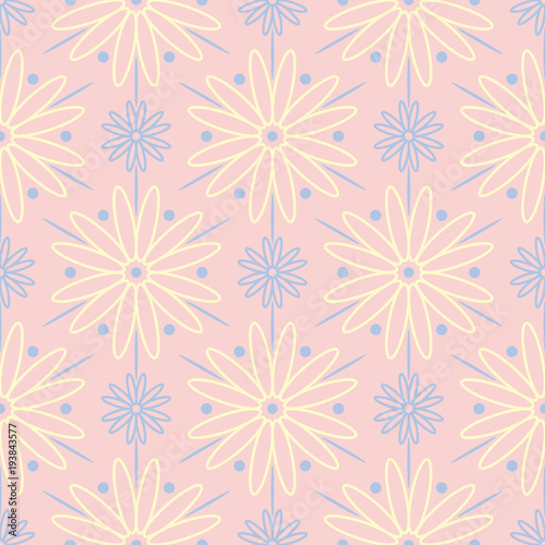 Floral pale pink seamless pattern with blue and beige designs
