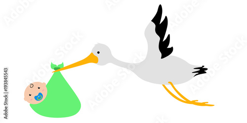 Stork carrying a baby in a bag