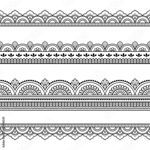 Set of seamless borders for design and application of henna. Mehndi style. Decorative pattern in oriental style.