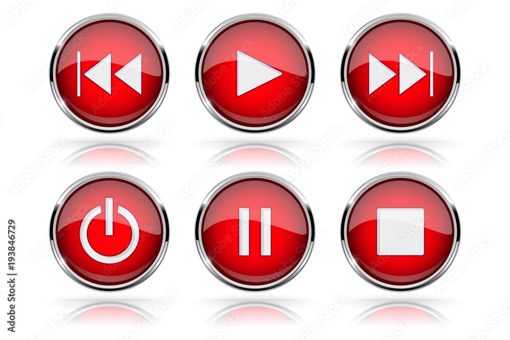 Media buttons. Red round glass buttons with chrome frame Media buttons. Red round glass buttons with chrome frame
