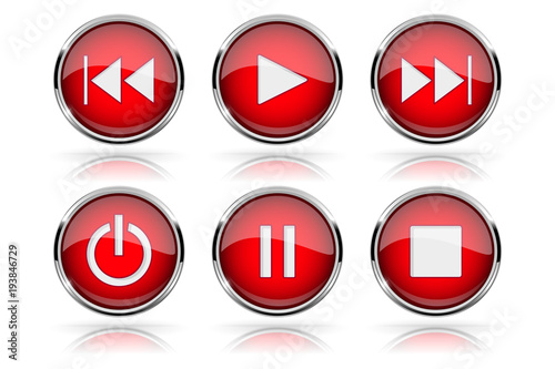 Media buttons. Red round glass buttons with chrome frame