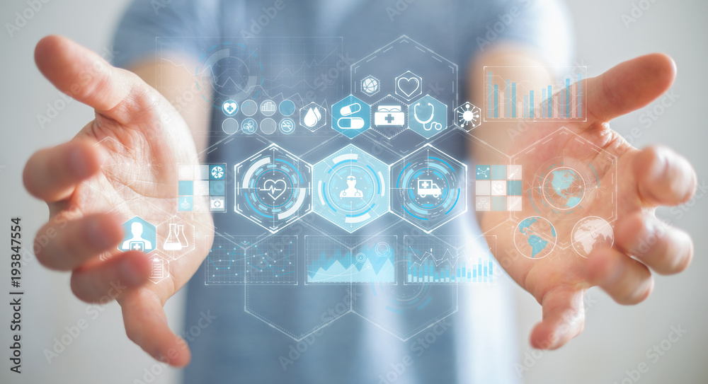Businessman using digital medical interface 3D rendering Businessman using digital medical interface 3D rendering