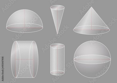 3d basic shapes. Sphere, hemisphere, cone, cylinder. Cross-section.