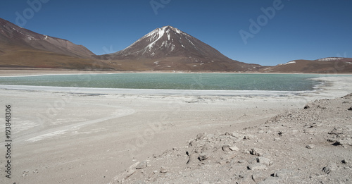 Laguna Verde is a highly concentrated salt lake located in the Eduardo Avaroa Andean Fauna National Park at the foot of the Licancabur volcano, Sur Lipez Province, Bolivia - South America 