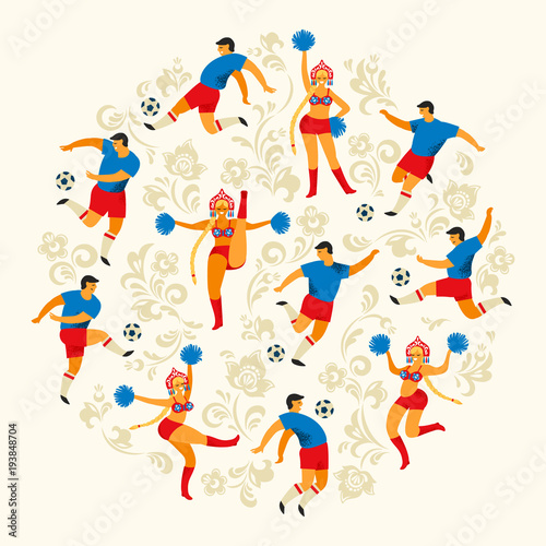 Soccer players and cheerleaders girls in Russian style. Flat vector illustration.