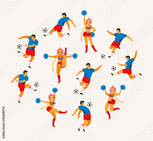 Soccer players and cheerleaders girls in Russian style. Flat vector illustration.