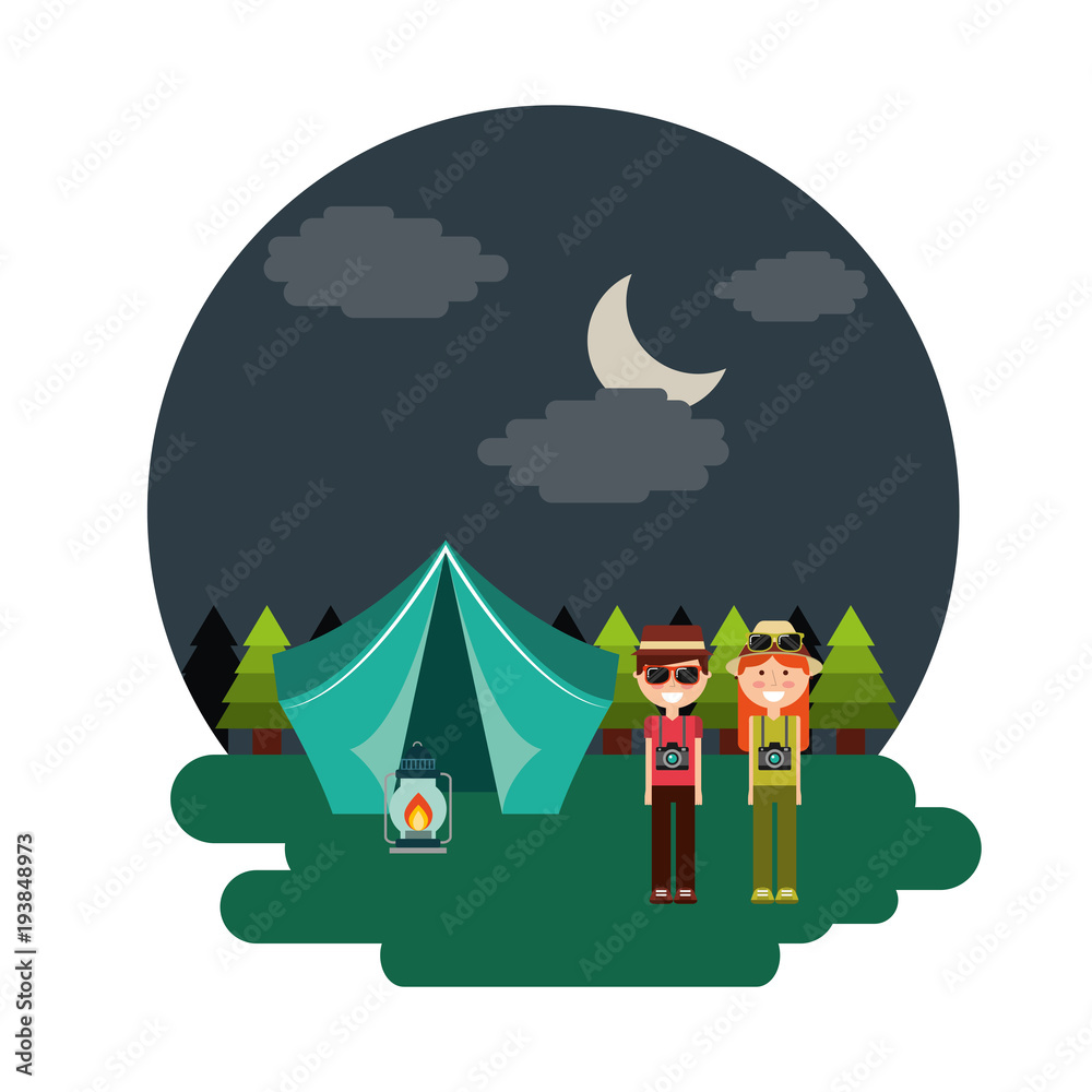 Fototapeta premium couple tent camping burning night landscape vector illustration