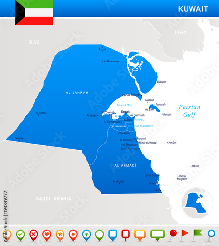 Kuwait - map, flag and navigation icons - Detailed Vector Illustration