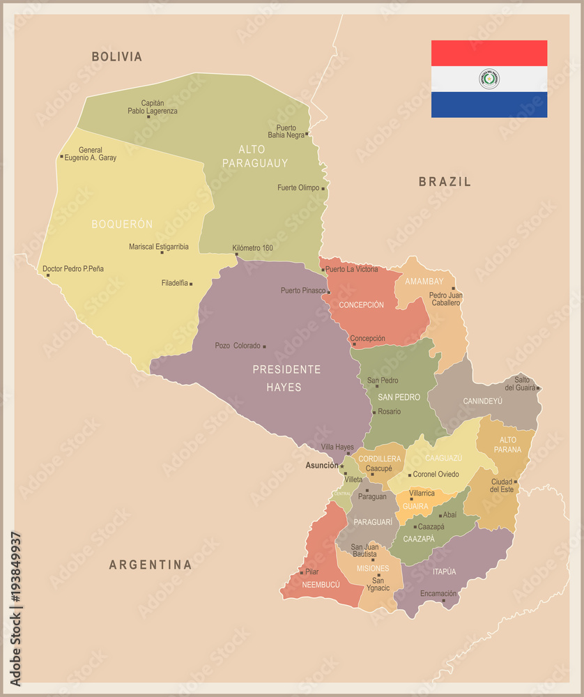 Obraz premium Paraguay - vintage map and flag - Detailed Vector Illustration