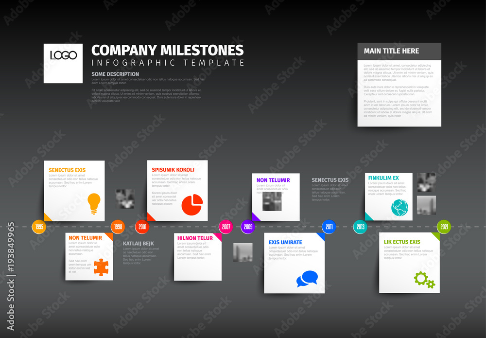 Simple horizontal timeline with some facts, photos and icons