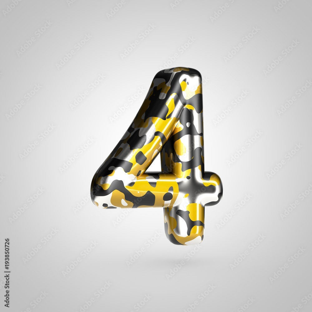 Fototapeta premium Camouflage number 4 with golden, silver and black camouflage pattern isolated on white background.