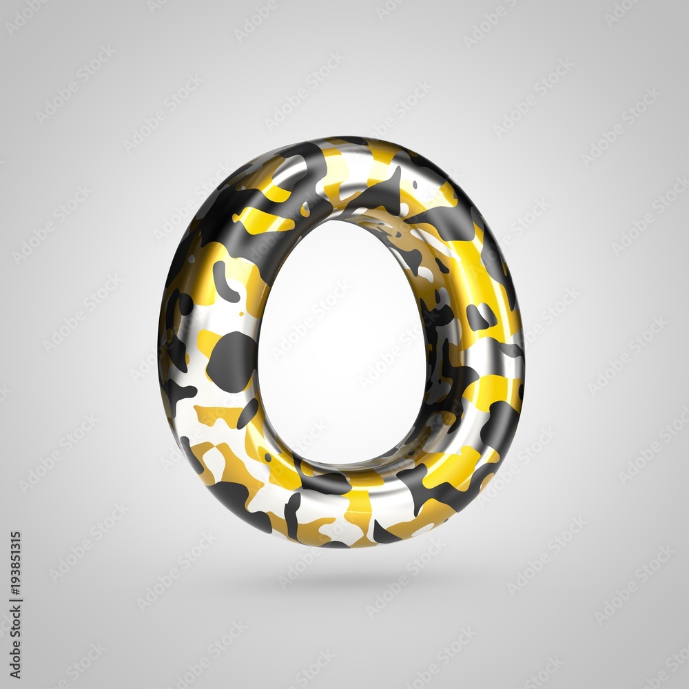 Camouflage letter O uppercase with golden, silver and black camouflage pattern isolated on white background.