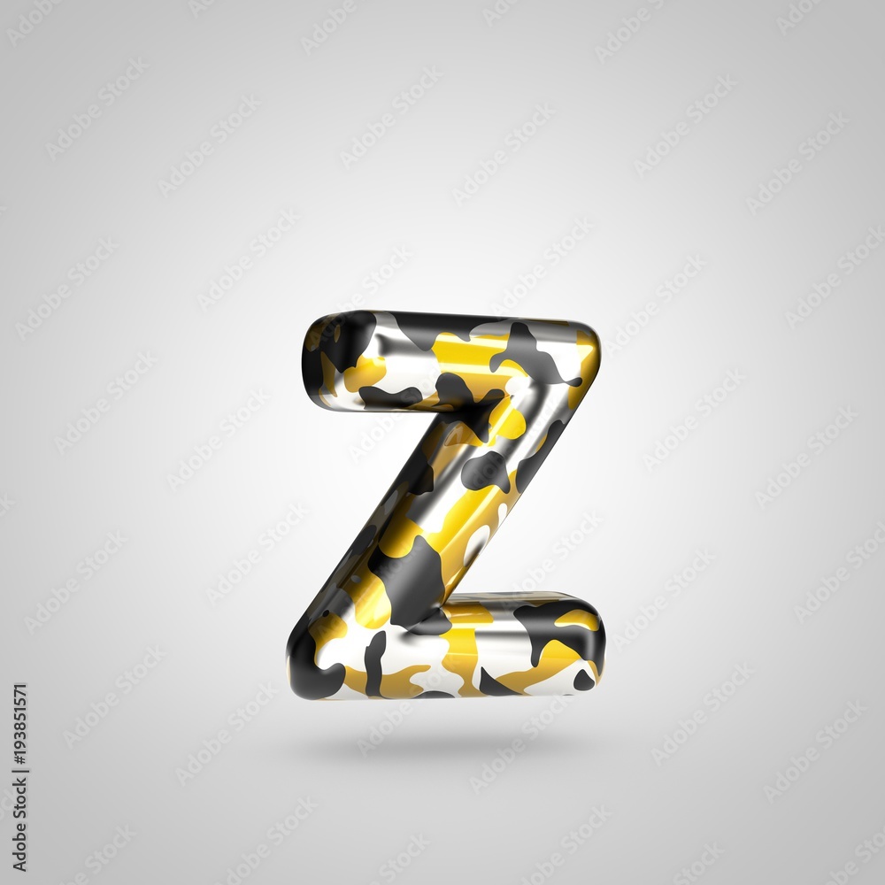 Camouflage letter Z lowercase with golden, silver and black camouflage pattern isolated on white background. Camouflage letter Z lowercase with golden, silver and black camouflage pattern isolated on white background.