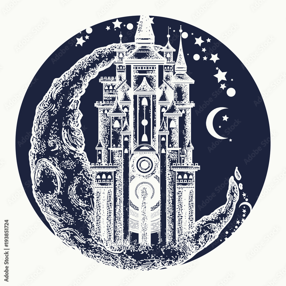 Medieval castle on the moon tattoo vector. Symbol of the fairy tale, dream,  magic. Medieval castle t-shirt design Stock Vector | Adobe Stock