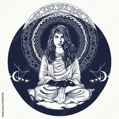 Woman meditation tattoo art. Meditating woman and crystal sphere t-shirt design. Girl in lotus pose. Symbol meditation, philosophy, astrology, magic, yoga