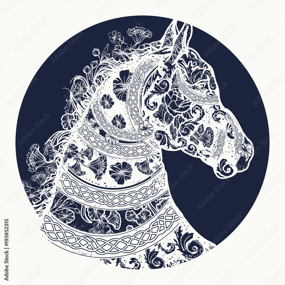 Horse tattoo and t-shirt design. Horse head in ethnic style tattoo art.  Symbol of freedom, strength, grace Stock Vector | Adobe Stock