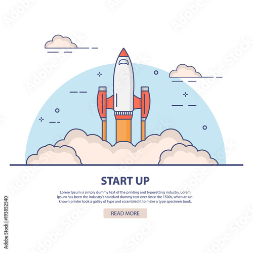 Rocket launch.Cartoon illustration of rocket ship space.Startup new business project concept creative idea.Flat linear style vector