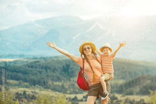 Family traveling in Rila mountains Bulgaria