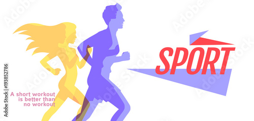 Runners colorful silhouettes of running man and woman on white, sport and activity background, vector design template