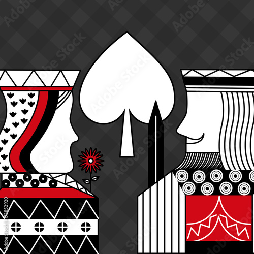 casino poker queen and king spade card game black checkered background vector illustration