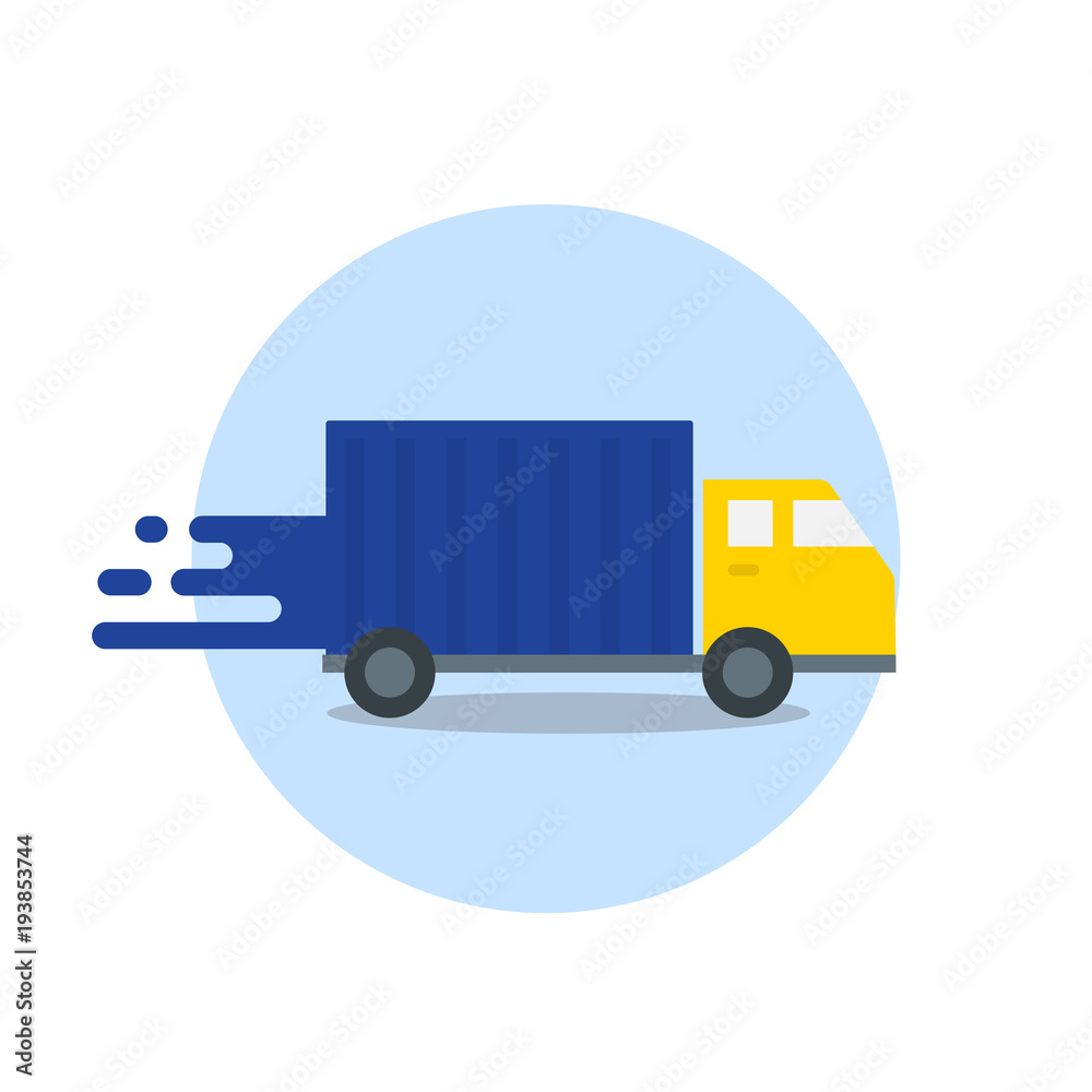 Truck in motion. Express delivery. Fast shipping isolated on white background. Vector Flat Icon Truck in motion. Express delivery. Fast shipping isolated on white background. Vector Flat Icon