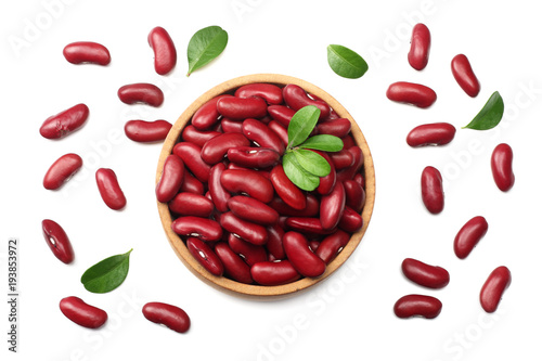 red kidney beans in wooden bowl isolated on white background. top view