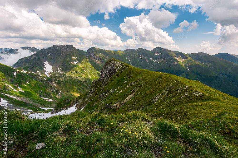 Fototapeta premium valley with snow in summer mountains. gorgeous mountainous landscape of Carpathians. rocky cliffs and grassy hillsides under a cloudy sky. Fagaras ridge of Southern Carpathian mountains, Romania