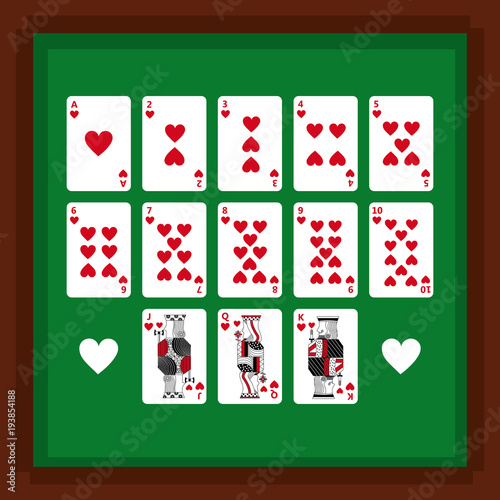 set of poker playing cards of heart suit on green table vector illustration vector illustration