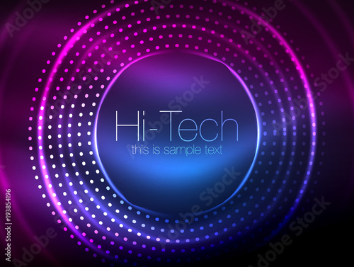 Magic neon circle shape abstract background, shiny light effect template for web banner, business or technology presentation background or elements, vector illustration