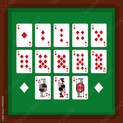 set of poker playing cards of diamond suit on green table vector illustration