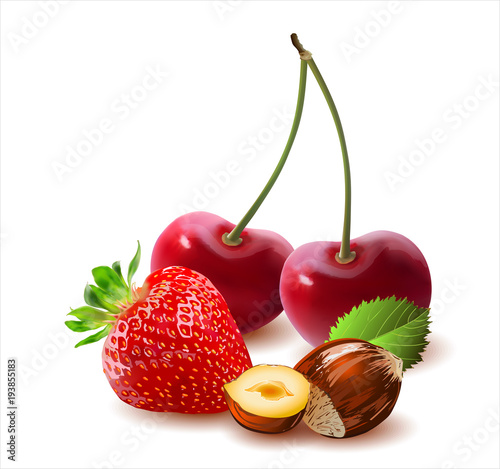 Vector cherry. Vector nut, strawberry.Sweet fruit.Vector image.