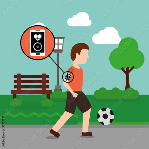 young man with mobile app playing soccer ball in the park vector illustration